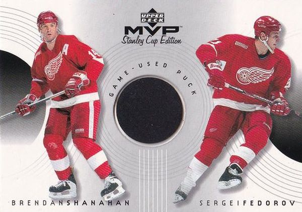 puck karta SHANAHAN/FEDOROV 99-00 MVP Stanley Cup Game-Used Puck číslo GC-SF